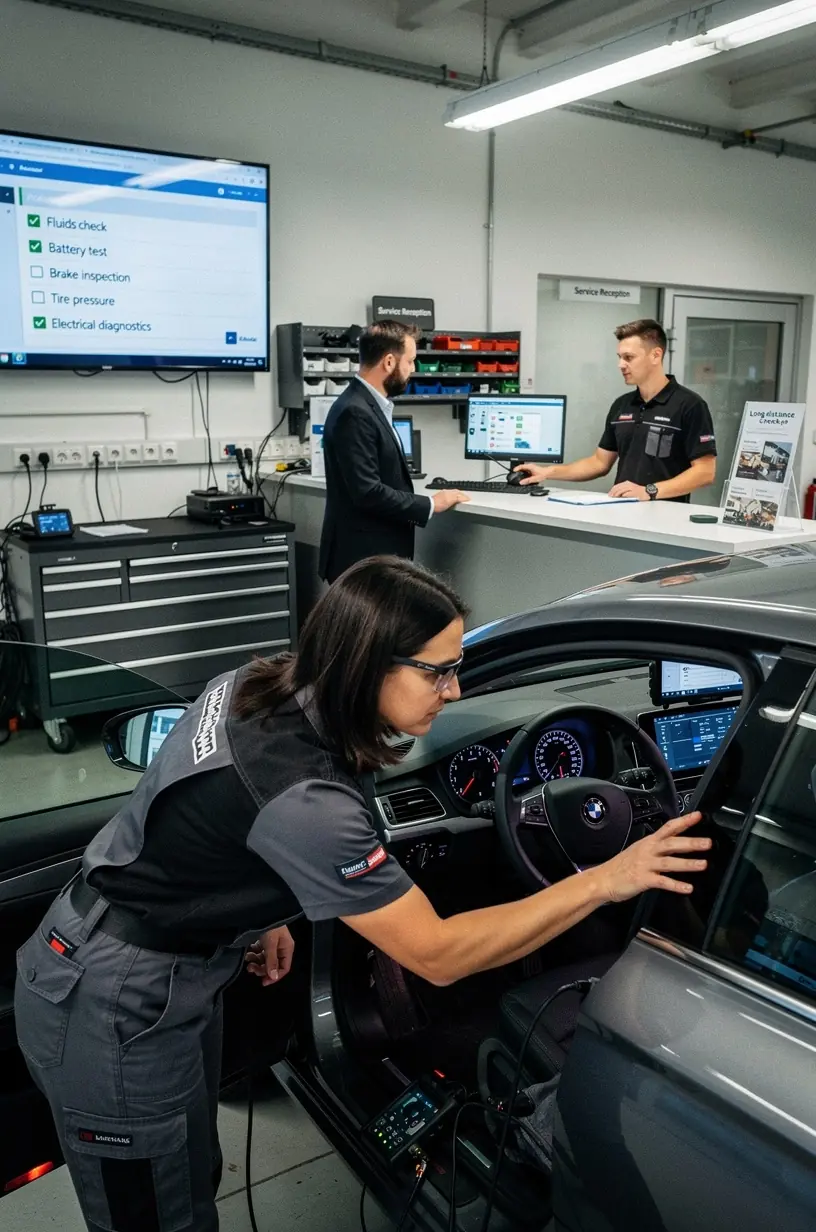 Mechaniker kontrolliert Motorölstand im Fahrzeugmotor in moderner Werkstatt